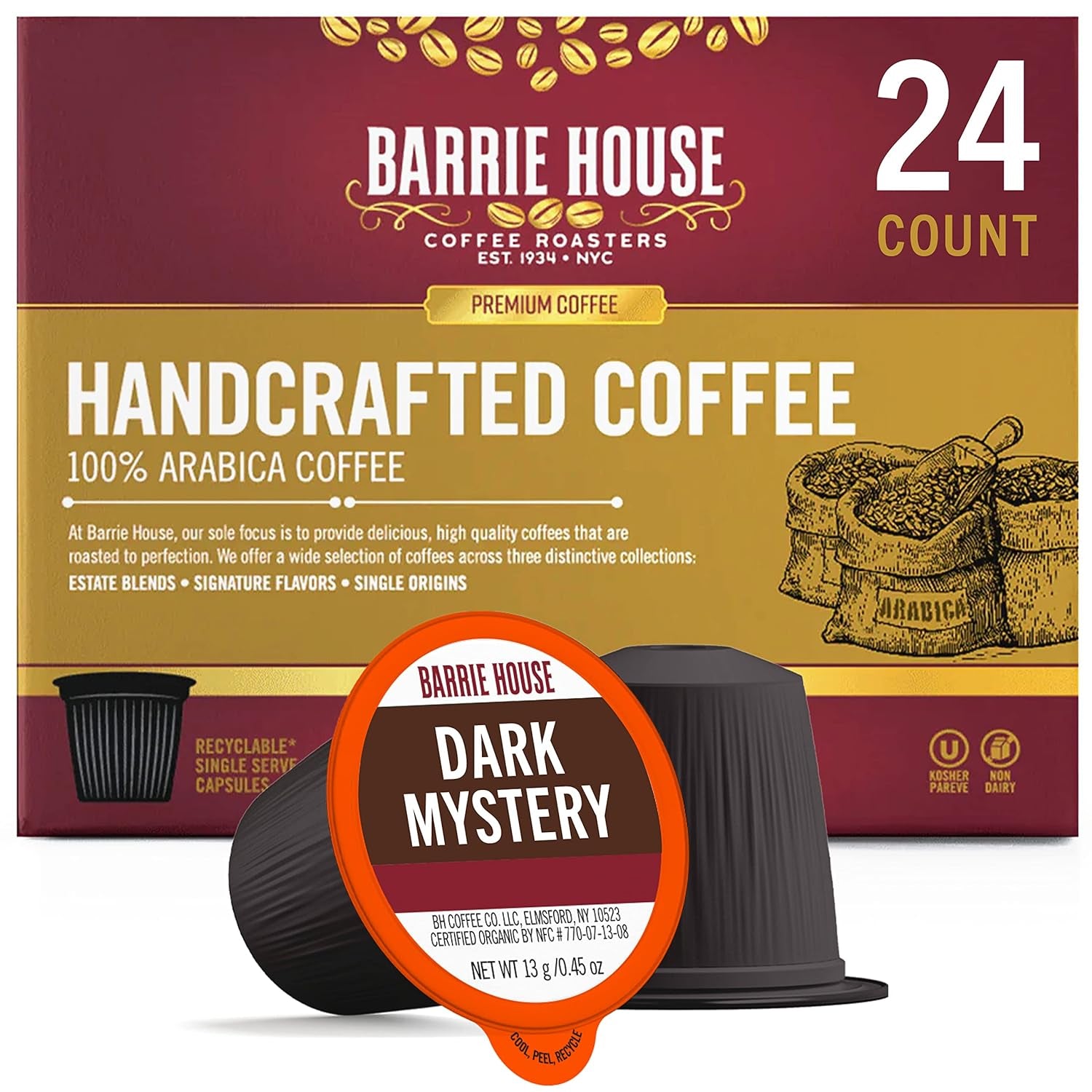 Dark Mystery Single Serve Coffee Pods, 24 Pack | Fair Trade Organic Certified | Compatible with Keurig K Cup Brewers | Small Batch Artisan Coffee in Convenient Single Cup Capsules