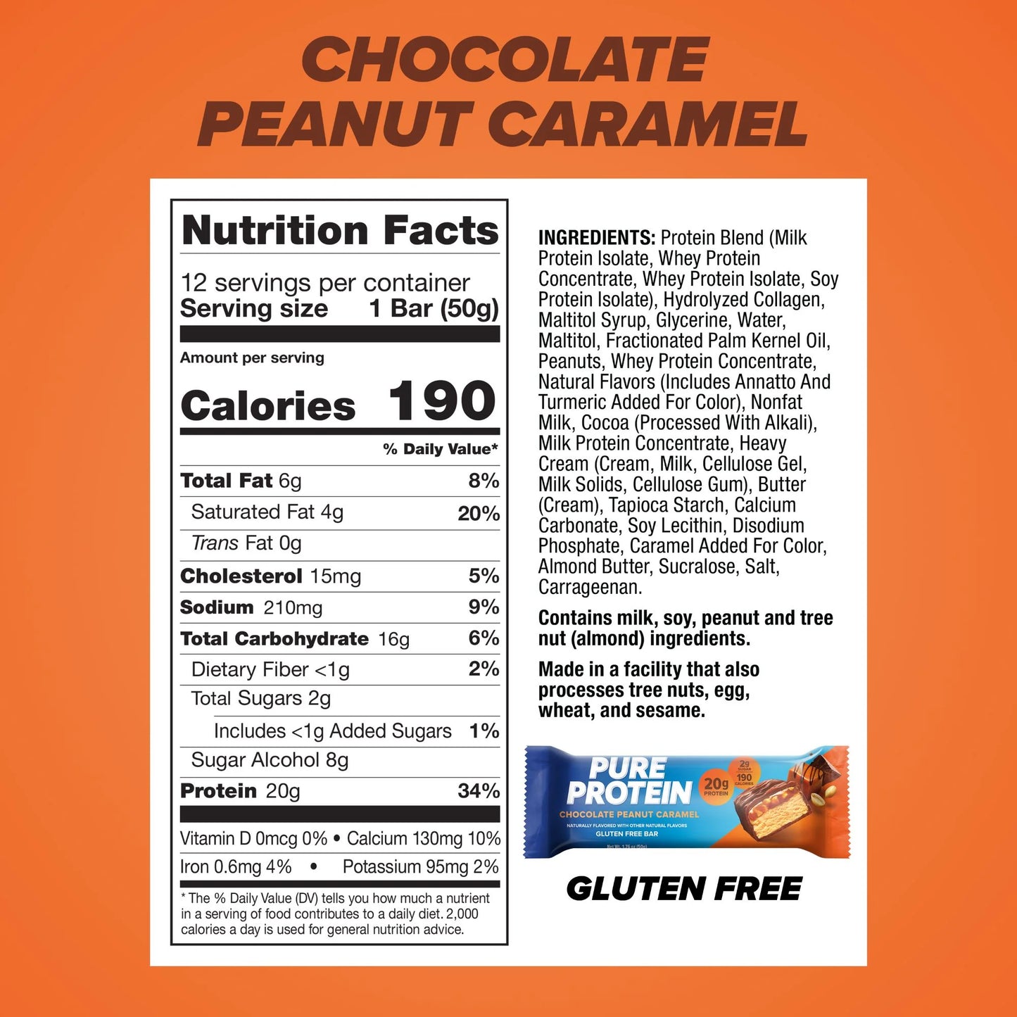 Chocolate Peanut Caramel Protein Bars, 20G Protein, Gluten Free, 1.76 Oz, 12 Ct