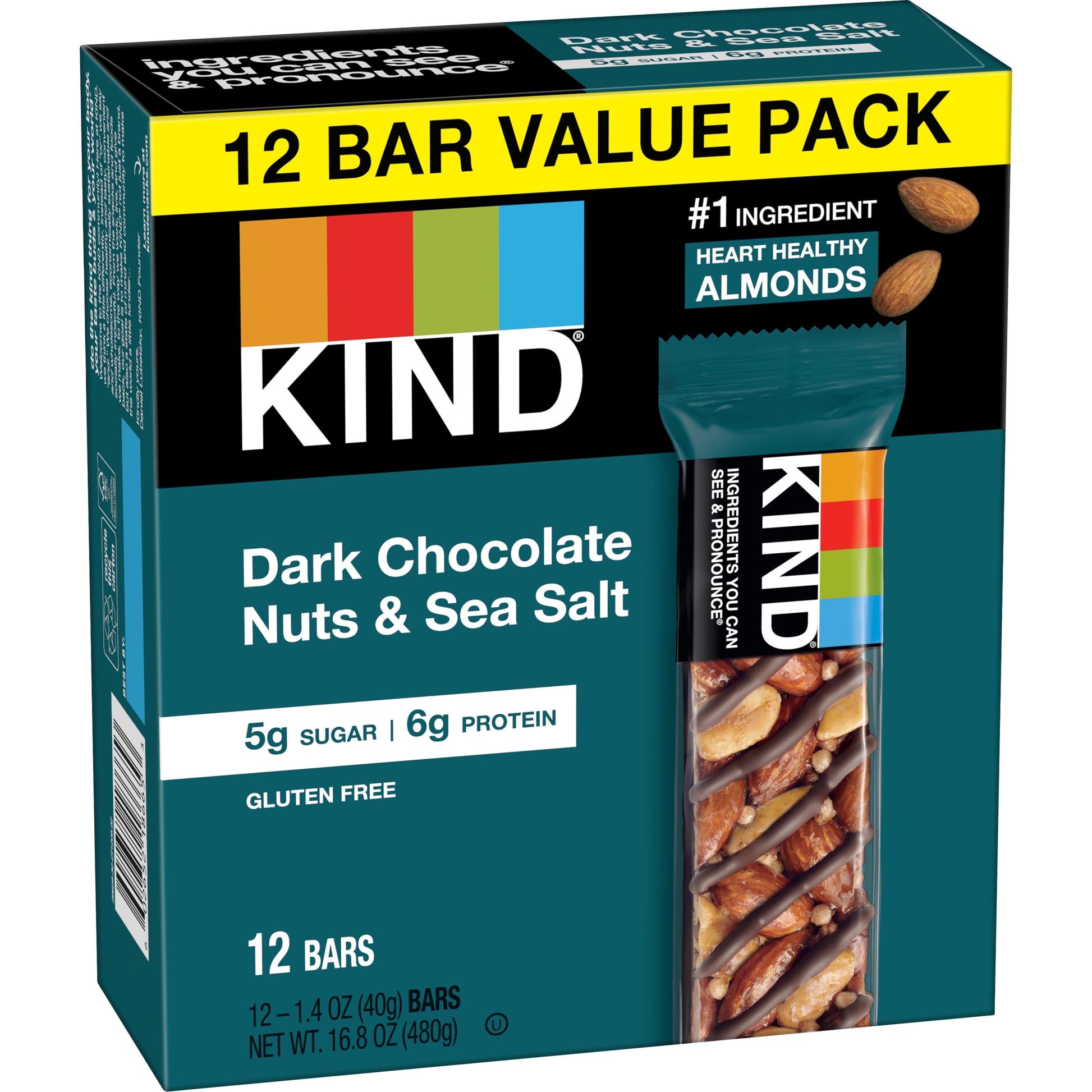 Gluten Free Dark Chocolate Nuts & Sea Salt Snack Bars, Value Pack, 1.4 Oz, 12 Count