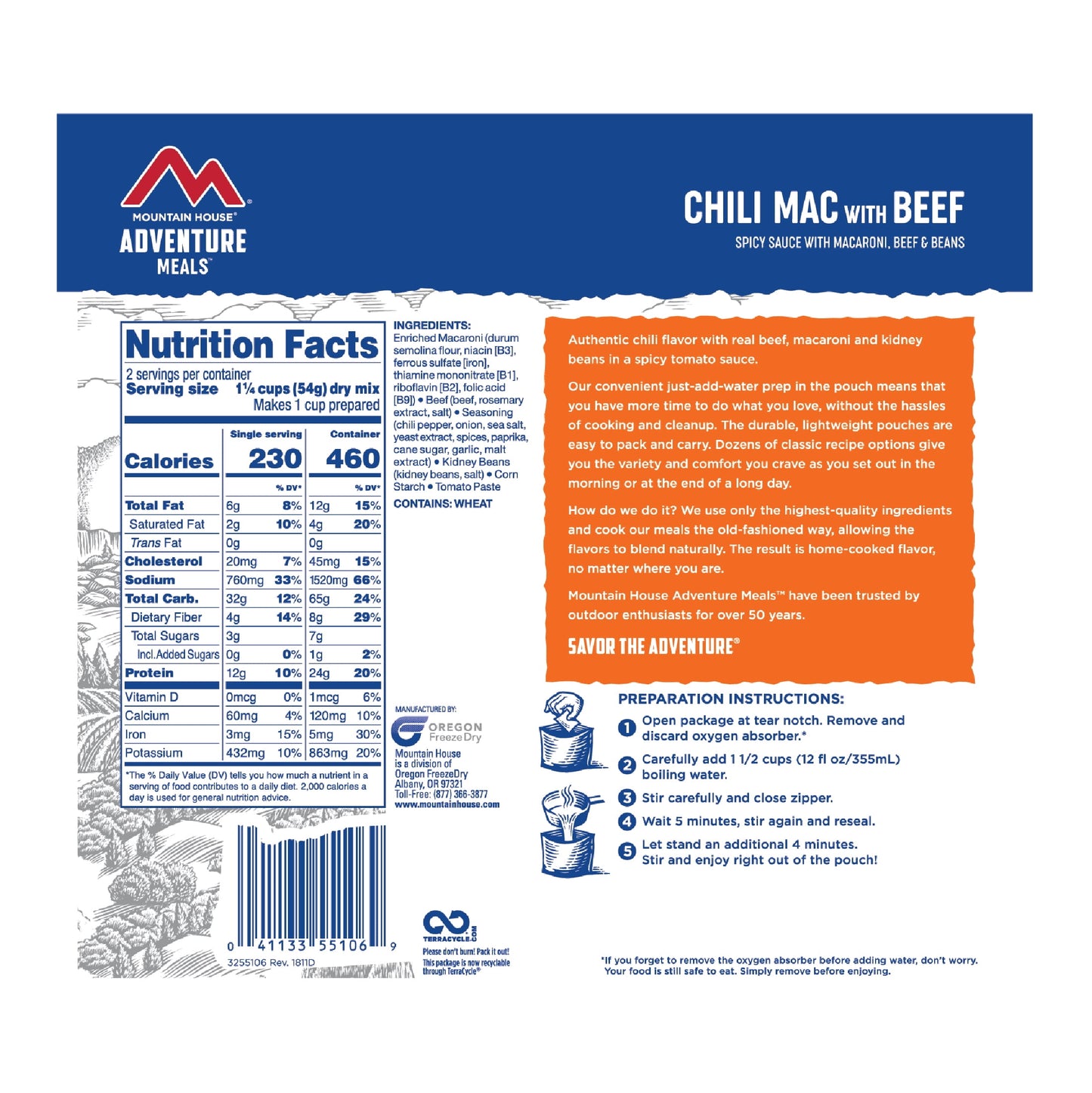 Chili Mac W/Beef, Freeze-Dried Food, 2 Servings