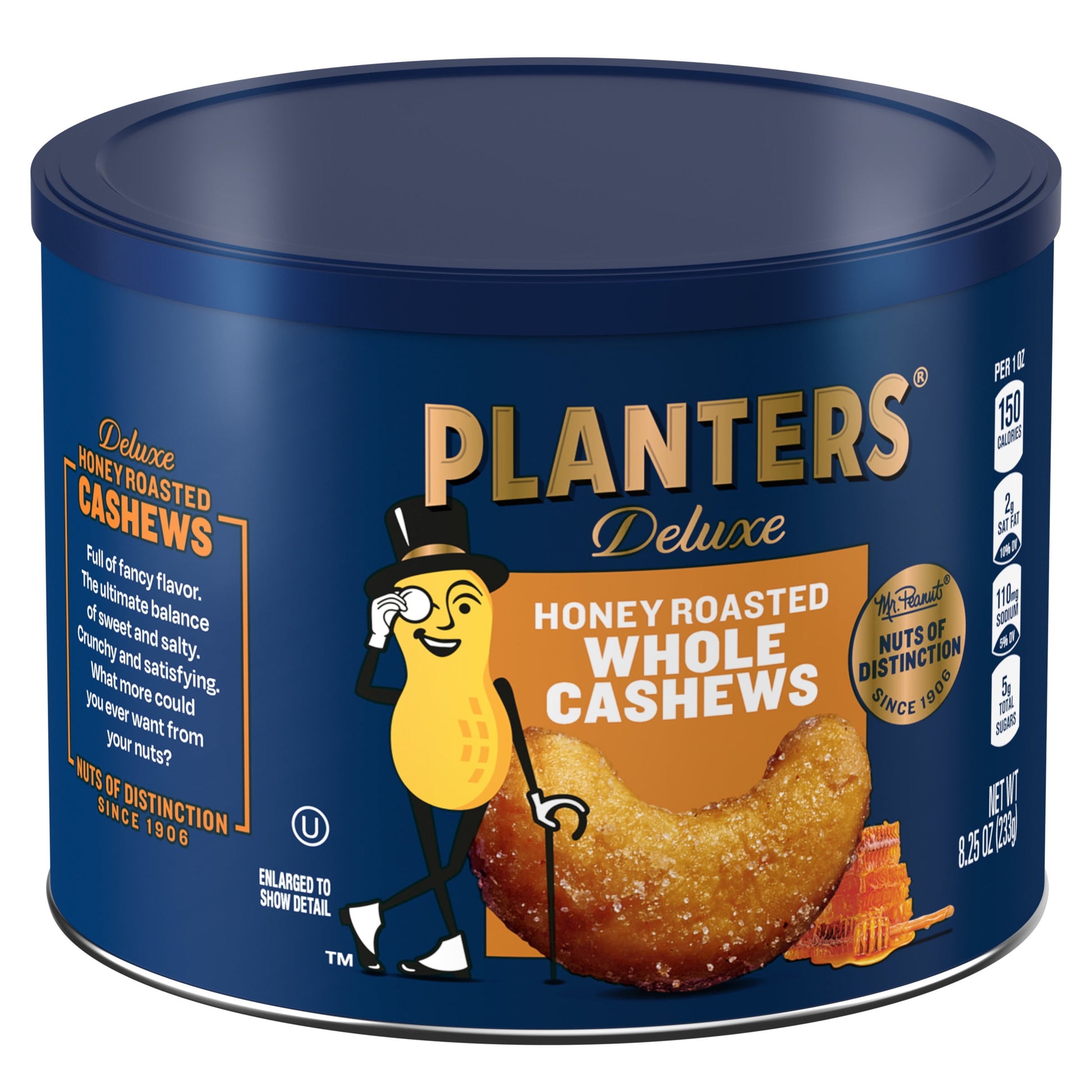 Deluxe Honey Roasted Whole Cashews, Sweet and Salty Snacks, 8.25Oz (1 Canister)