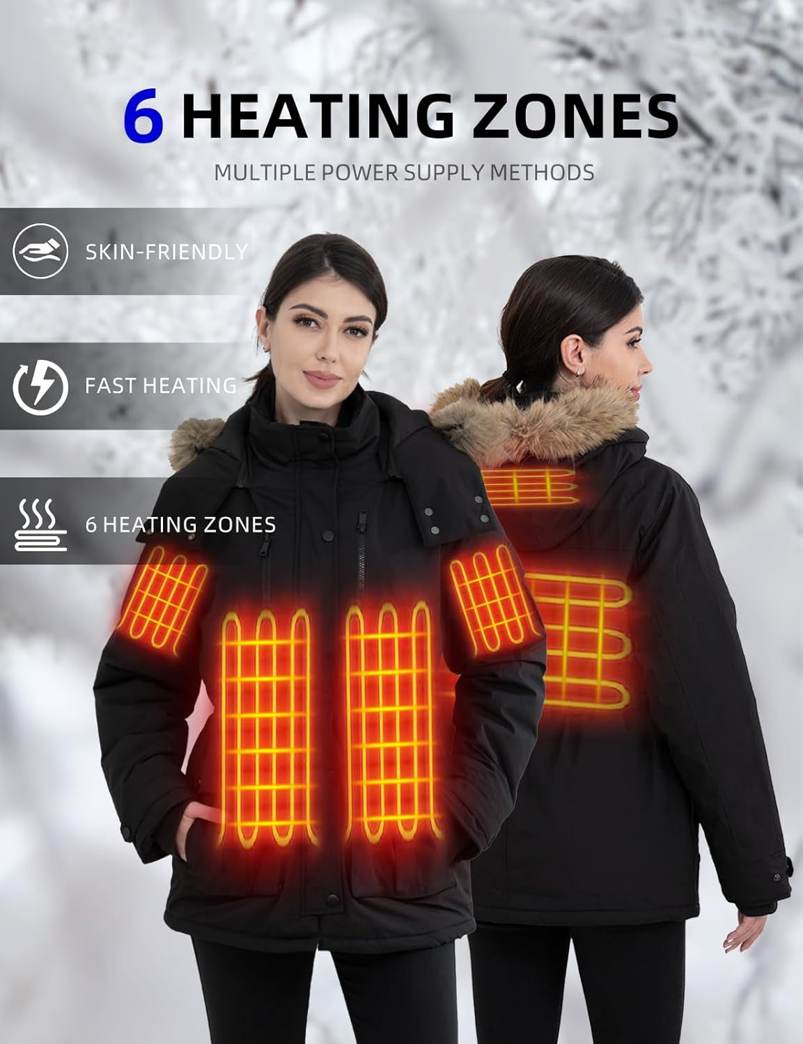 Heated Jackets for Women with Battery Pack 16000Mah, 6 Heat Zones Heated Coat for Women with Detachable Hood