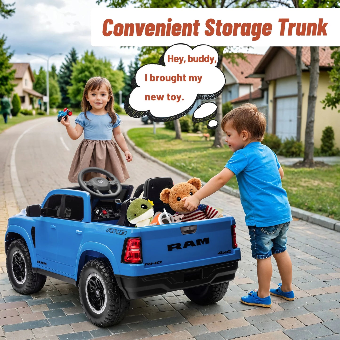 12V Ram Ride on Car Toys for Kids, Licensed Ram 1500 Ride on Truck Toy with Parent Remote Control, Electric Car for Boys Girls 3-5 W/Bluetooth, Rear Storage Trunck, Safety Belt, 4 Wheelers, Blue