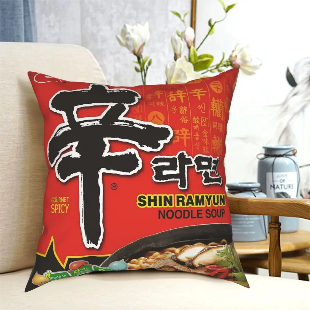 Nongshim Shin Ramyun Square Pillowcase Polyester Pattern Zipper Decorative Throw Pillow Case for Home Cushion Case