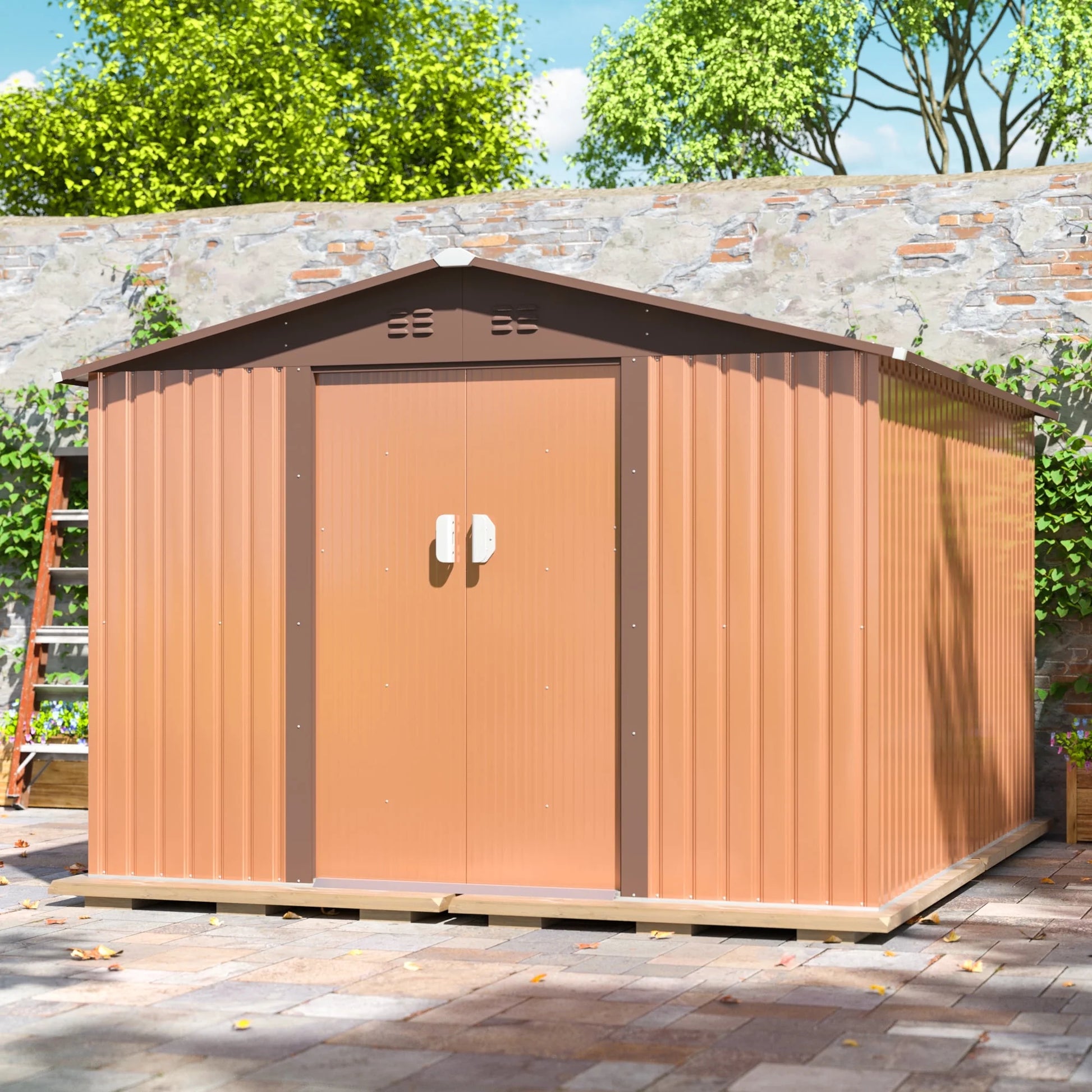 9.1 X 10.5 Ft. Outdoor Metal Storage Shed, Tool House with Lockable Sliding Doors, Vent for Garden Backyard Patio Lawn, Brown