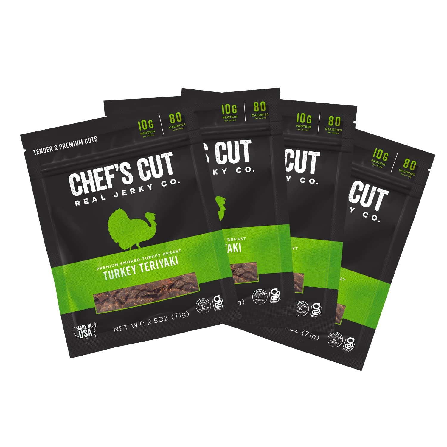 Chef'S Cut Turkey Jerky, Teriyaki, High Protein Meat Snack, 10G of Protein and 80 Calories, Gluten Free, Premium Smoked Turkey Breast - 2.5 Ounce (Pack of 4)