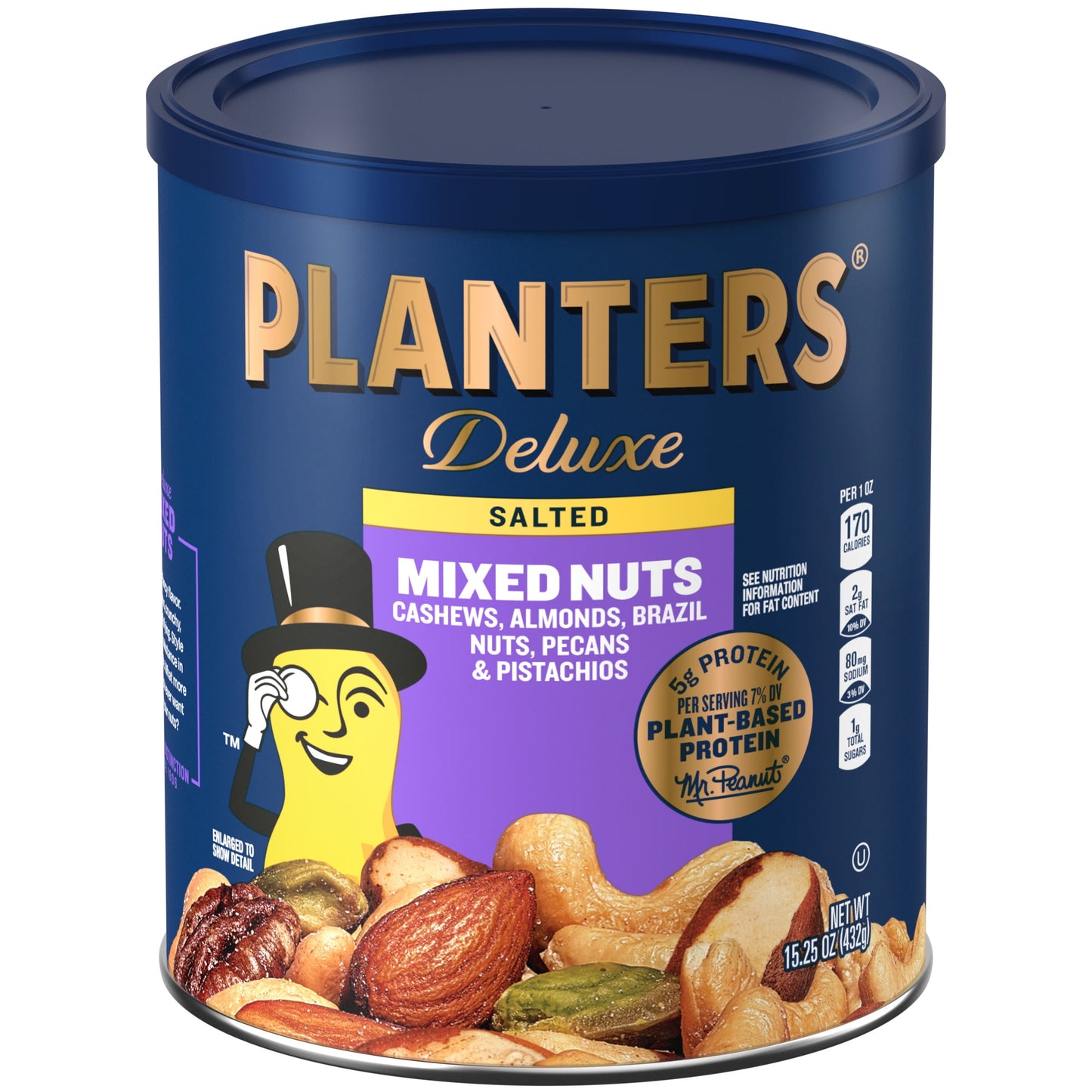 Deluxe Salted Mixed Nuts, Party Snacks, Plant-Based Protein 15.25Oz (1 Canister)