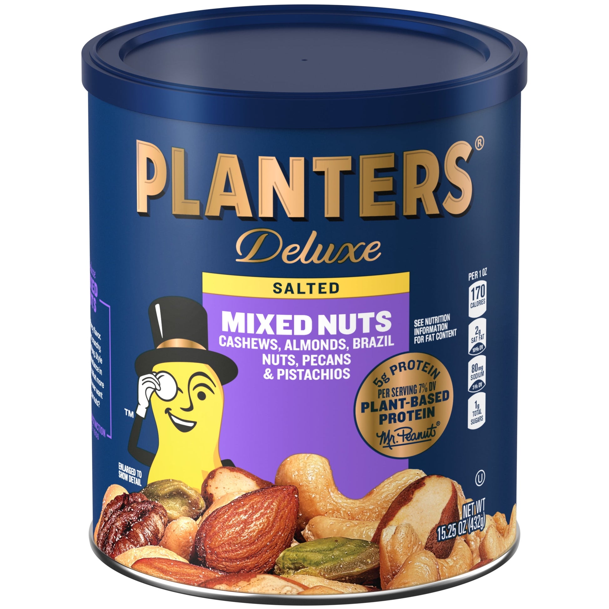 Deluxe Salted Mixed Nuts, Party Snacks, Plant-Based Protein 15.25Oz (1 Canister)