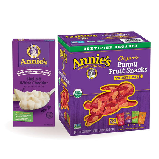 Annie'S Shells & White Cheddar Macaroni and Cheese 6 Oz (Pack of 12) with Annie'S Organic Bunny Fruit Snacks, Variety Pack, Gluten Free, Vegan, 24 Ct