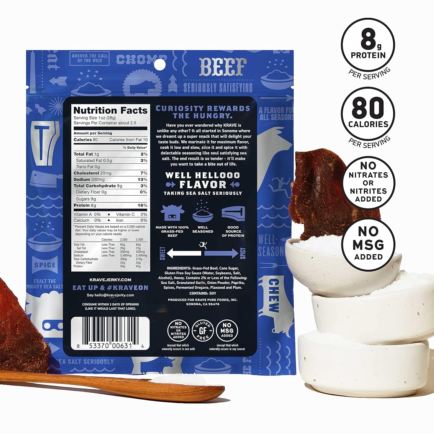 All Natural Beef Jerky, Sea Salt - Protein Packed Snacks Roasted for Maximum Flavor - 100% Grass Fed Beef - Gluten Free - 2.7 Ounce (Pack of 8)