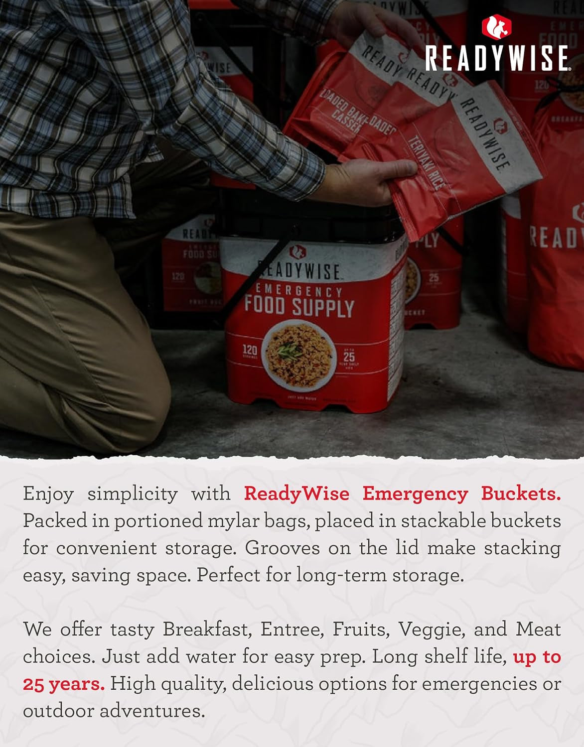84-Serving Breakfast & Entrée Emergency Food Bucket, Premade Freeze Dried Meals for Camping, Hiking, 25 Year Shelf Life