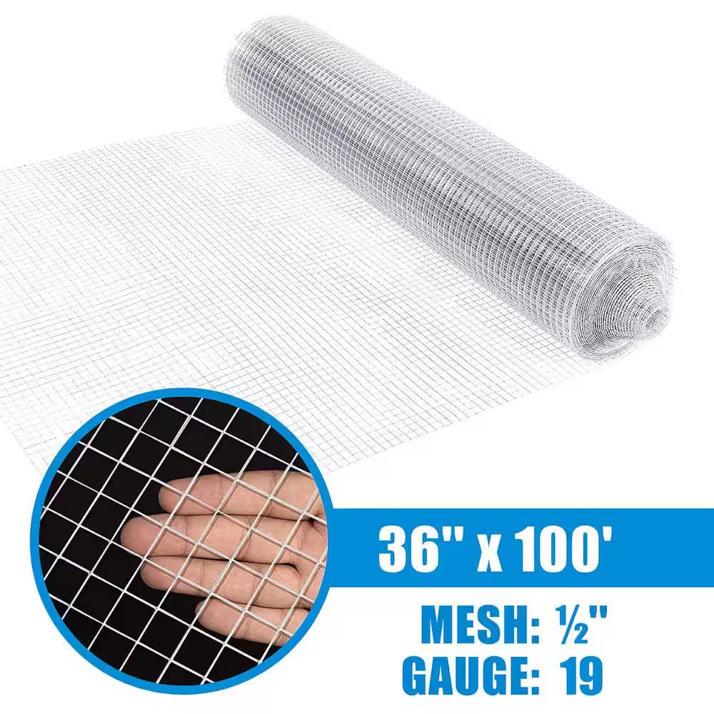 1/2 In. X 3 Ft. X 100 Ft. 19-Gauge Hardware Cloth Metal Wire Mesh, Galvanized Welded Cage Wire