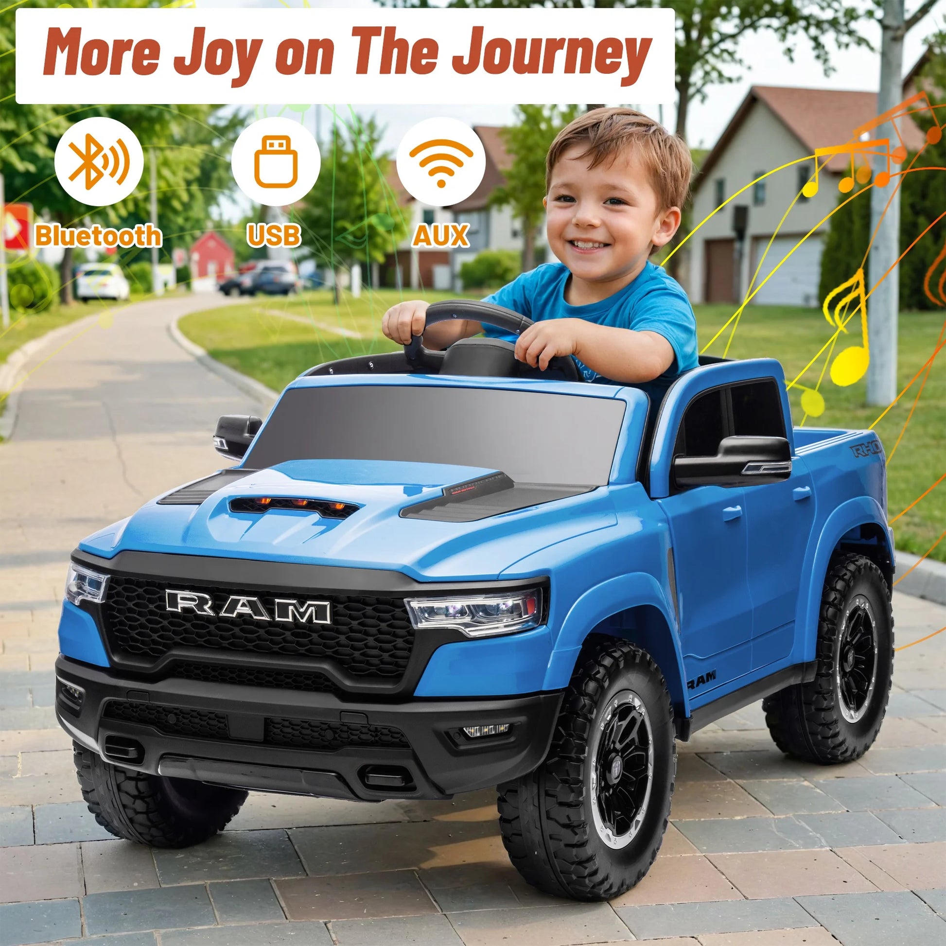 12V Ram Ride on Car Toys for Kids, Licensed Ram 1500 Ride on Truck Toy with Parent Remote Control, Electric Car for Boys Girls 3-5 W/Bluetooth, Rear Storage Trunck, Safety Belt, 4 Wheelers, Blue