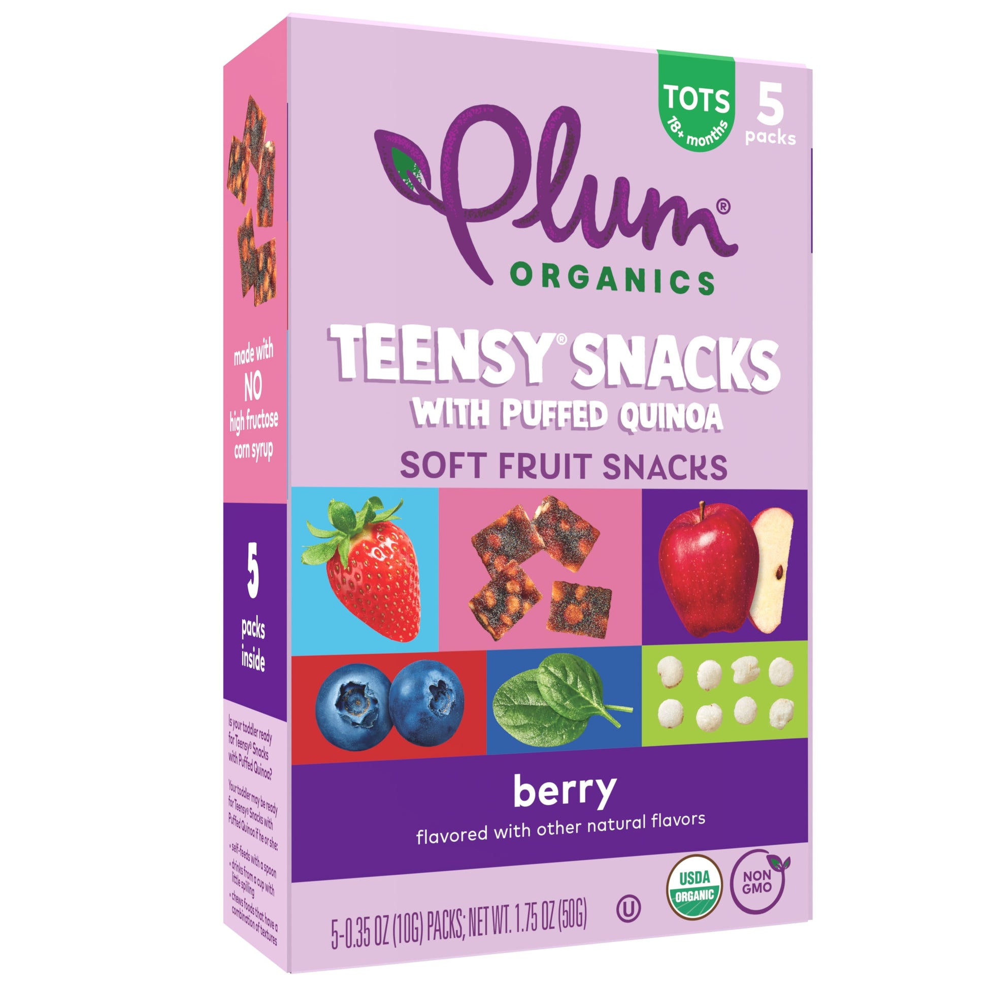 (4 Pack)  Teensy Snacks Soft Fruit Snacks, Berry with Puffed Quinoa, 0.35 Oz Bags, 5 Count