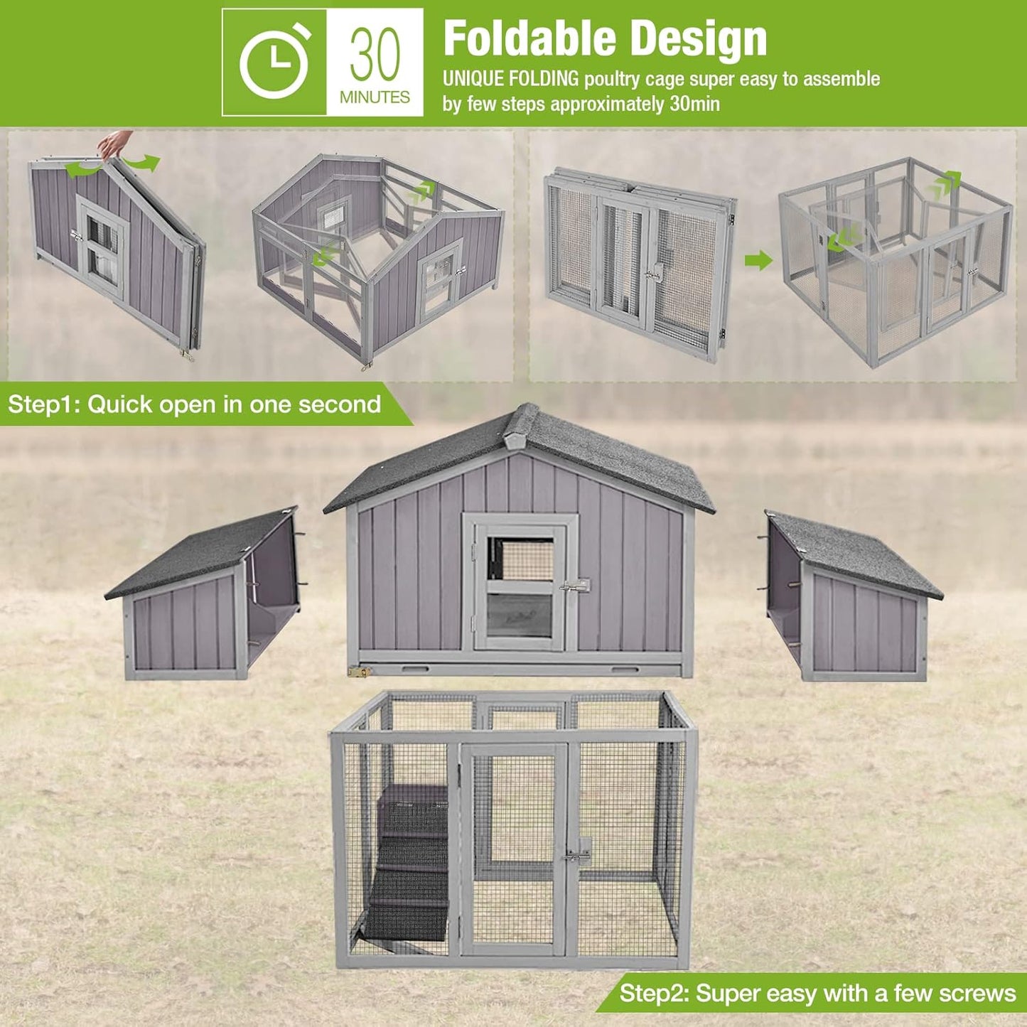 Chicken Coop Foldable Hen House Large Poultry Cage with Nesting Box and Run for 4-6 Chickens 26Ft²-Super Easy to Assemble