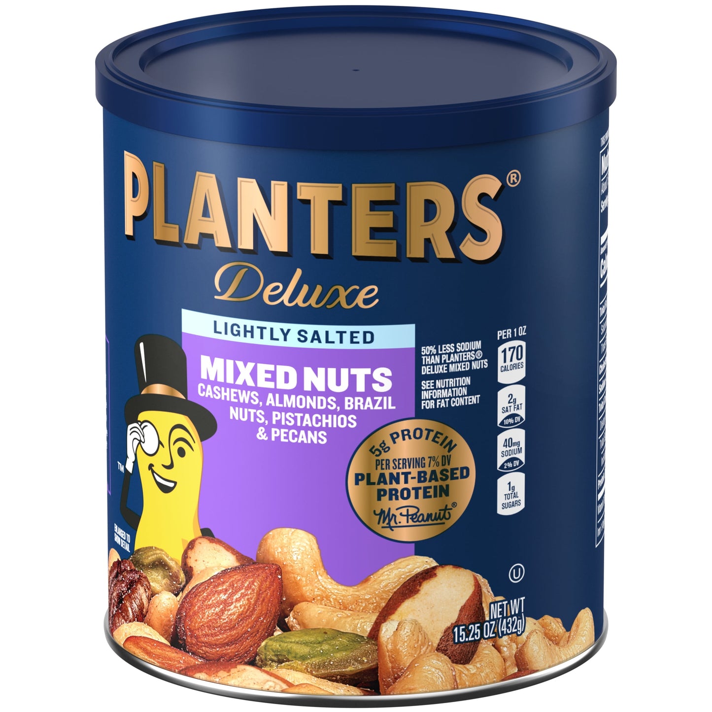 Deluxe Lightly Salted Mixed Nuts, Party Snacks, Plant-Based Protein 15.25Oz (1 Canister)