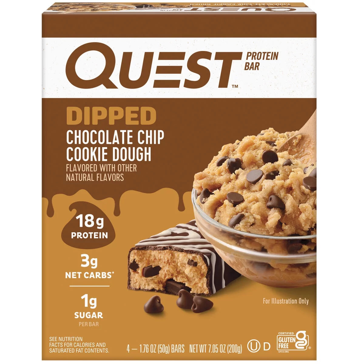 (3 Pack)  Dipped Protein Bars, Low Sugar, High Protein, Chocolate Chip Cookie Dough, 4 Count