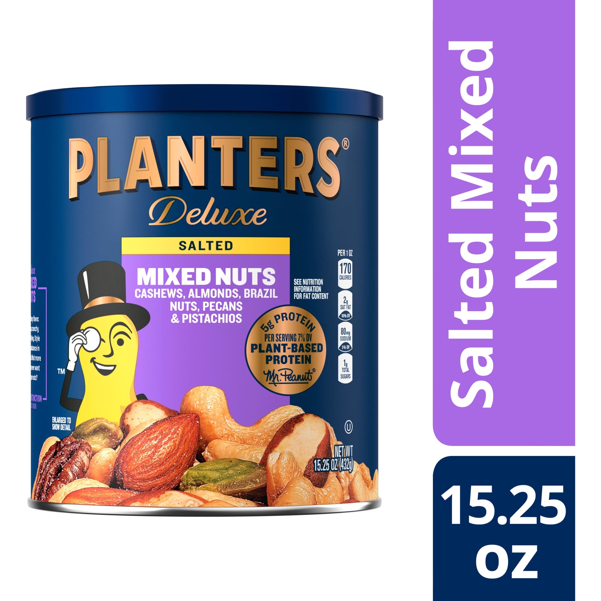 Deluxe Salted Mixed Nuts, Party Snacks, Plant-Based Protein 15.25Oz (1 Canister)