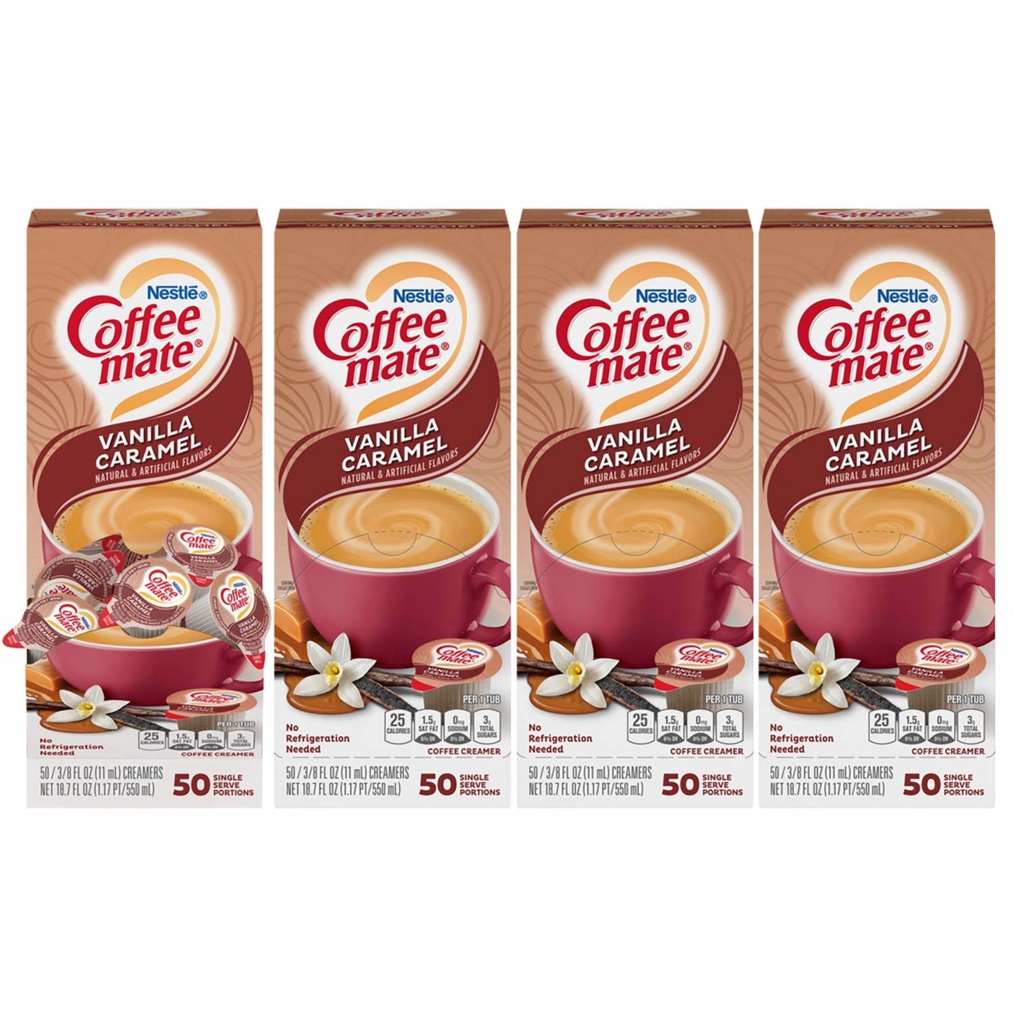 Coffee Mate Vanilla Caramel Non-Dairy Creamer, 0.375 Fl Oz, 200 Count Tubs (4 Packs of 50)