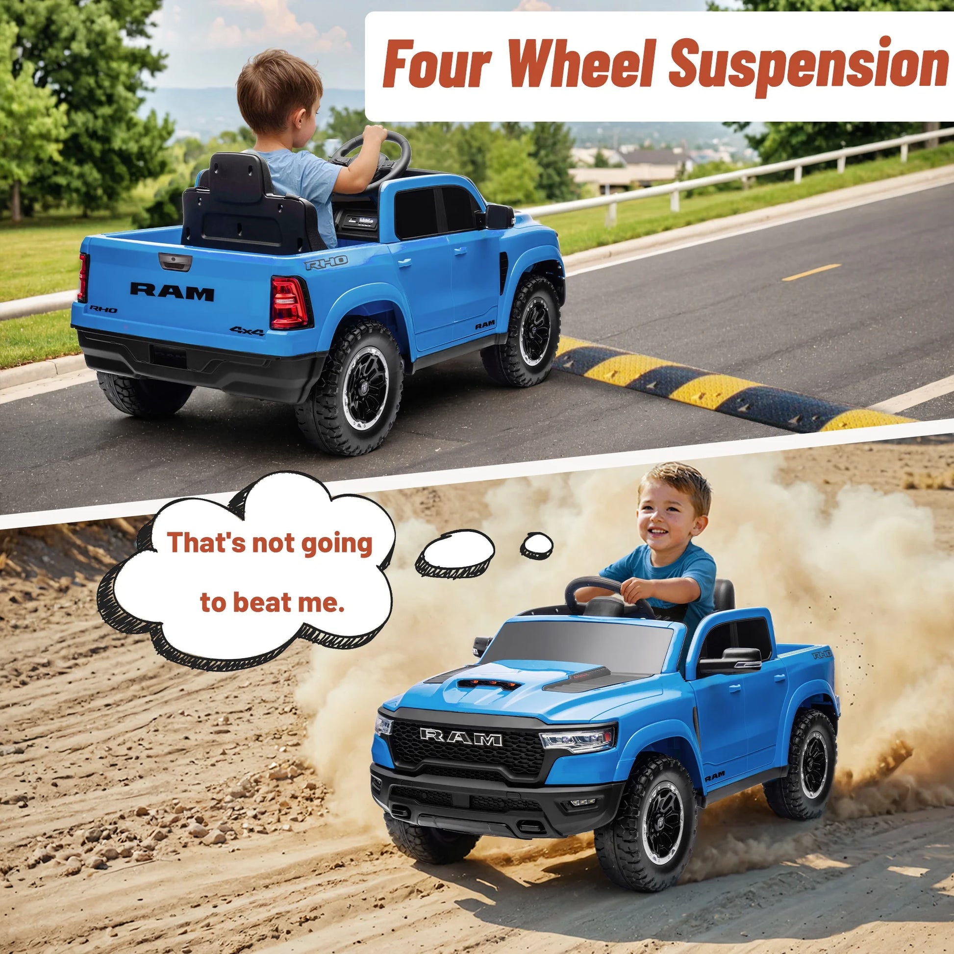 12V Ram Ride on Car Toys for Kids, Licensed Ram 1500 Ride on Truck Toy with Parent Remote Control, Electric Car for Boys Girls 3-5 W/Bluetooth, Rear Storage Trunck, Safety Belt, 4 Wheelers, Blue