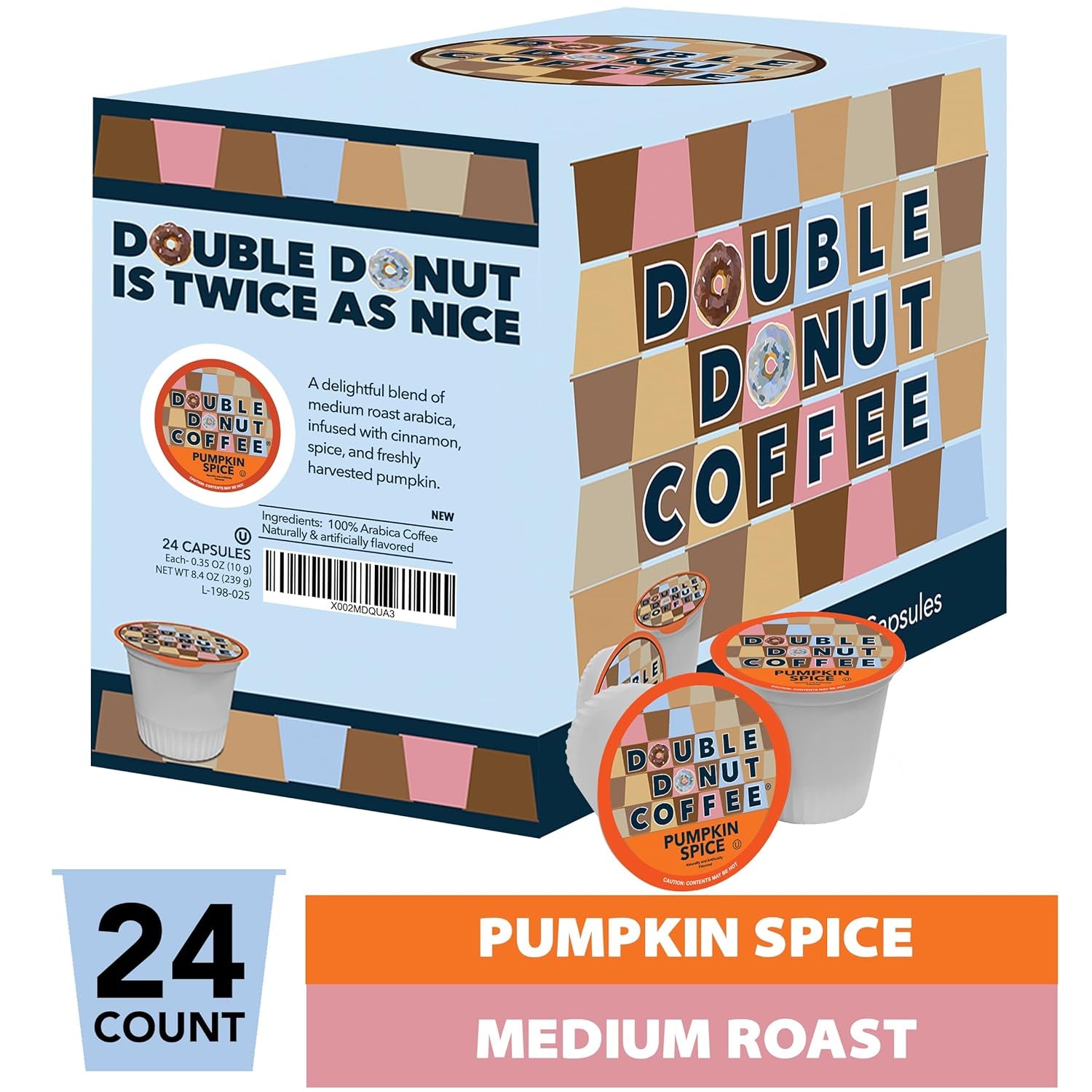 Double Donut Pumpkin Spice Coffee Pods, Single Serve Coffee for Keurig K Cups Machines, Medium Roast Pumpkin Coffee Pods, 24 Count