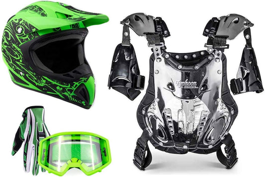 Adult Offroad Helmet Goggles Gloves Chest Protector GEAR COMBO Motocross ATV Dirt Bike Fluo GREEN (Large)