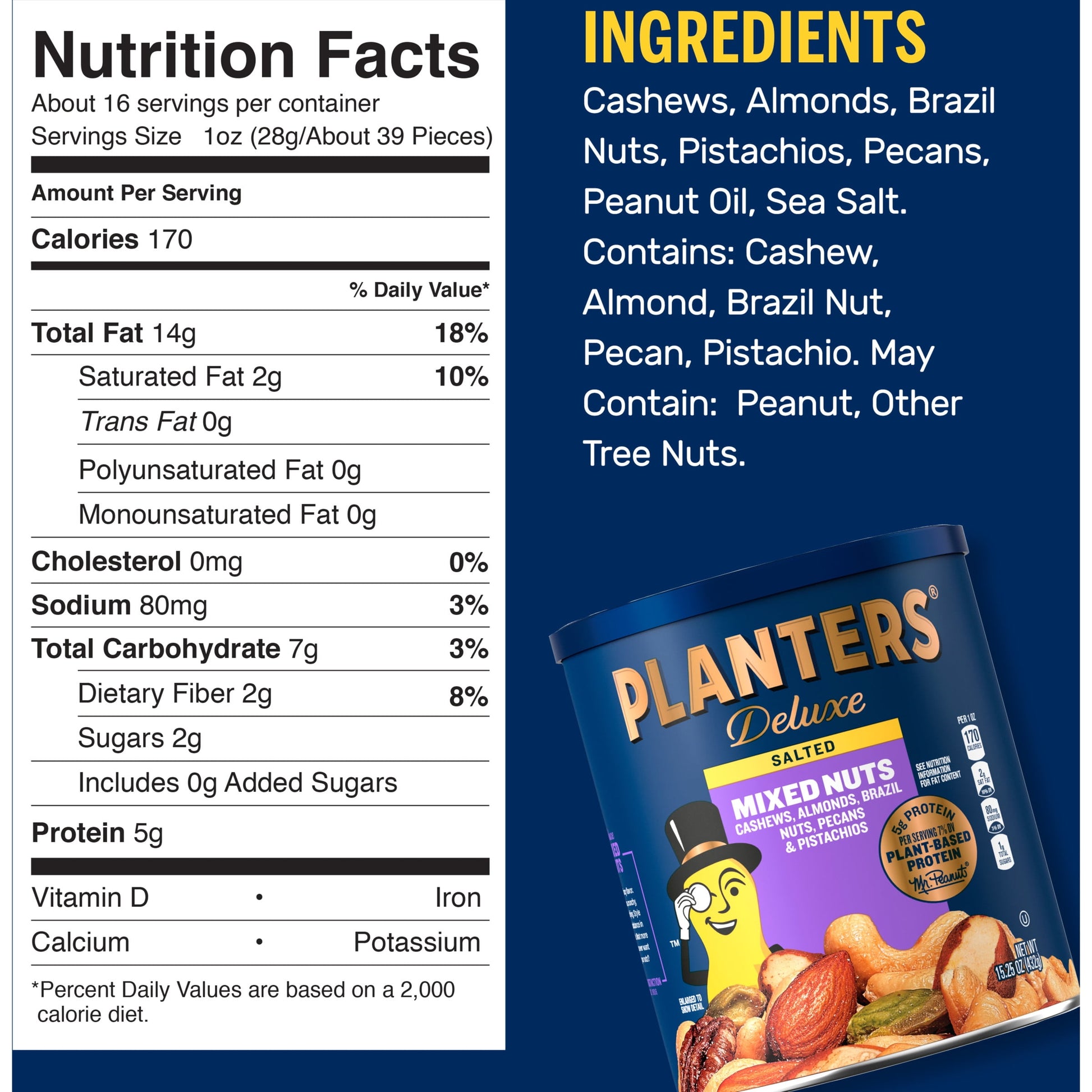 Deluxe Salted Mixed Nuts, Party Snacks, Plant-Based Protein 15.25Oz (1 Canister)