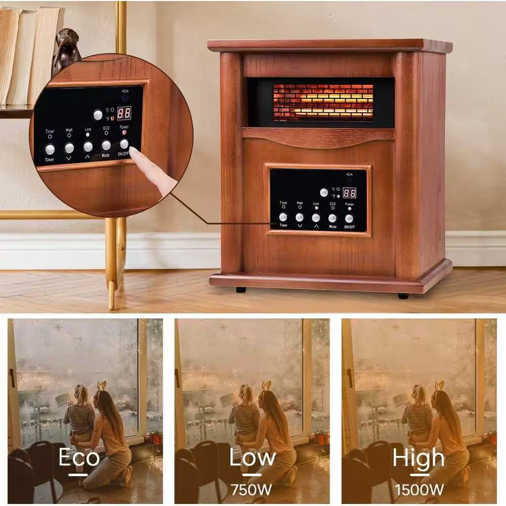 1500-Watt Portable Wood Electric Quartz Space Heater with Remote Control Thermostat Energy Efficient for inside Use