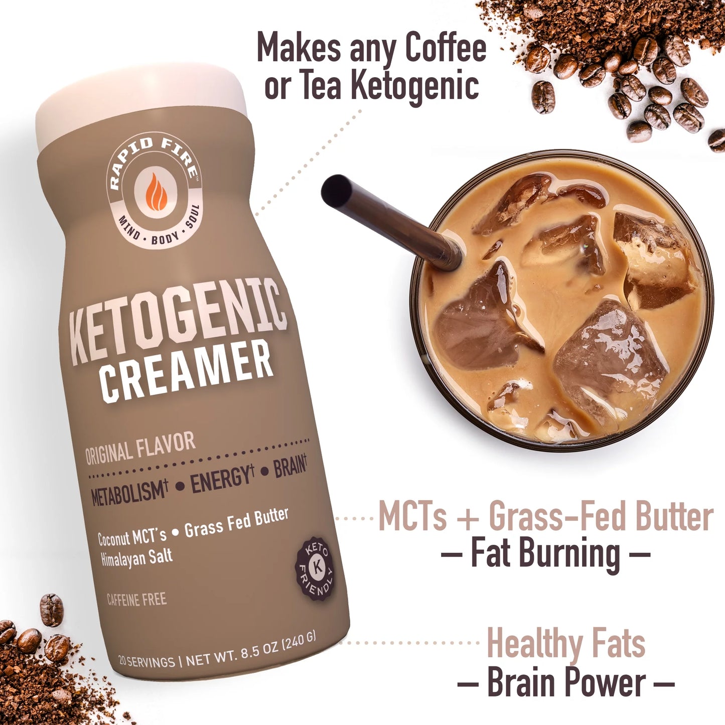 Ketogenic Creamer with Mcts, Grass Fed Butter, Himalayan Pink Salt, 8.5 Oz., 20 Servings