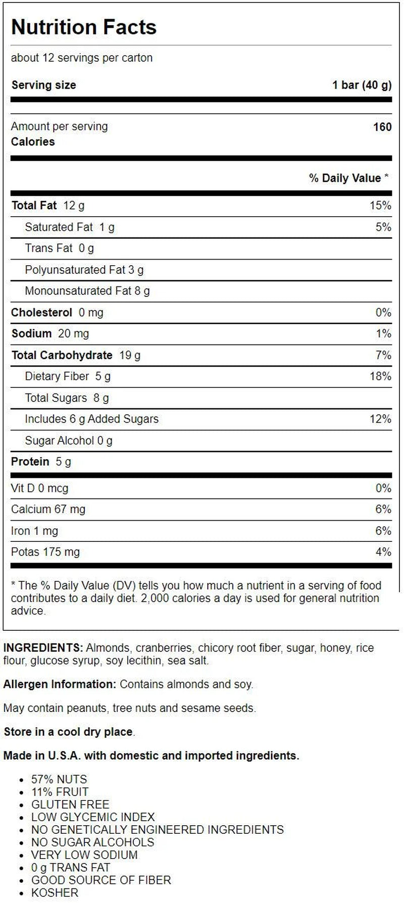 Bars, Cranberry Almond + Antioxidants with Macadamia Nuts, Gluten Free, 1.4Oz, 12 Snack Bars