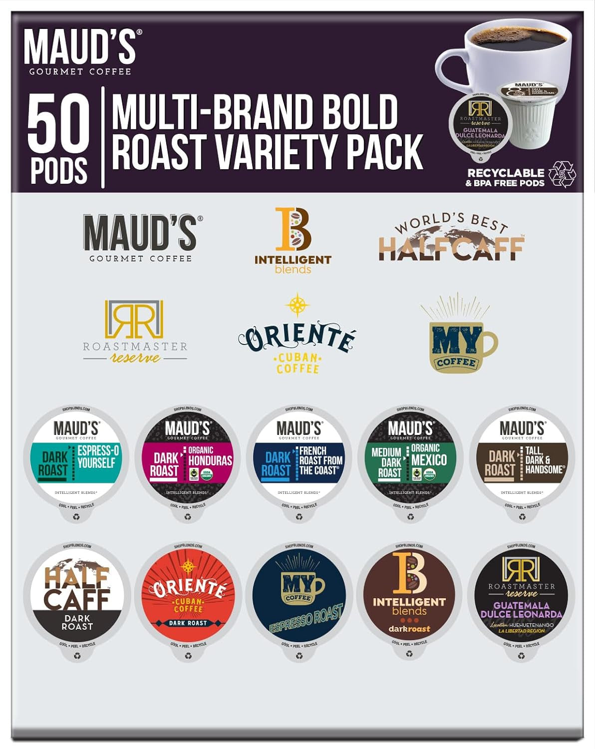 Dark Roast Coffee Variety Pack, 50Ct. Solar Energy Produced Recyclable Single Serve Dark Roast Coffee Pods Variety Pack - 100% Arabica Coffee California Roasted, Kcup Compatible