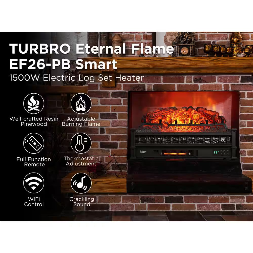 1500-Watt Eternal Flame 26 In. Infrared Quartz Electric Log Heater Realistic Pinewood, Adjustable Flame Colors Black