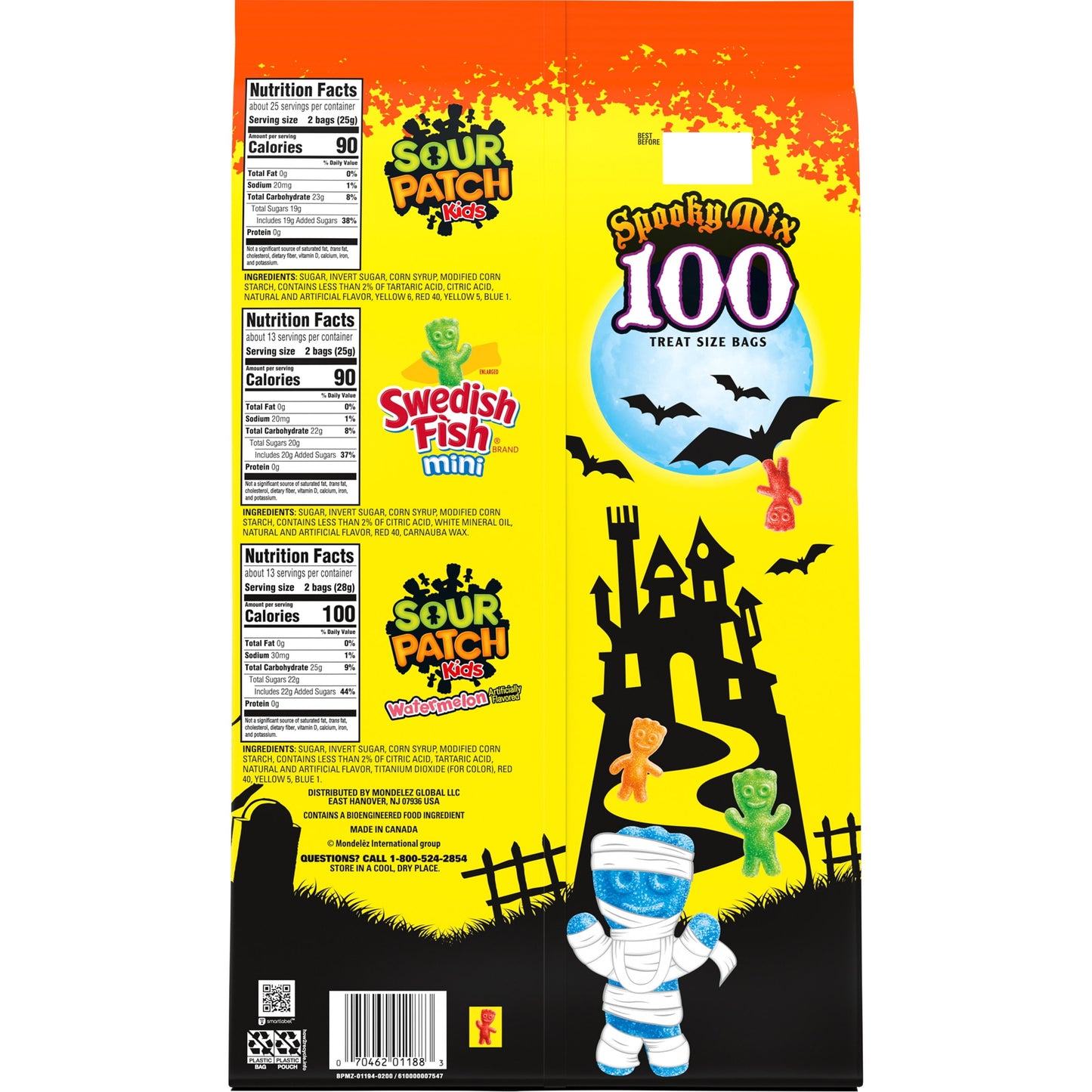 SOUR PATCH KIDS & SWEDISH FISH Mini Halloween Candy Variety Pack, 100 Trick or Treat Bags