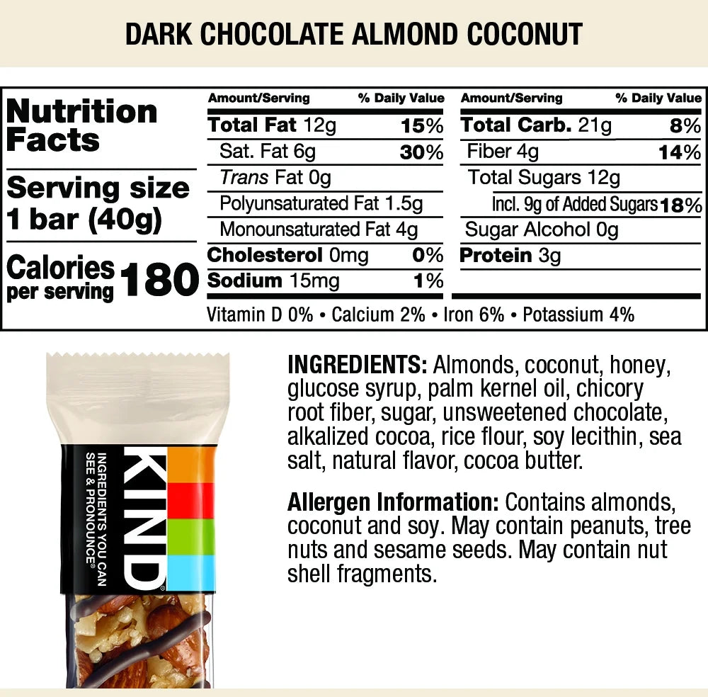 Bars, Dark Chocolate Almond & Coconut, Gluten Free, 1.4Oz, 12 Snack Bars