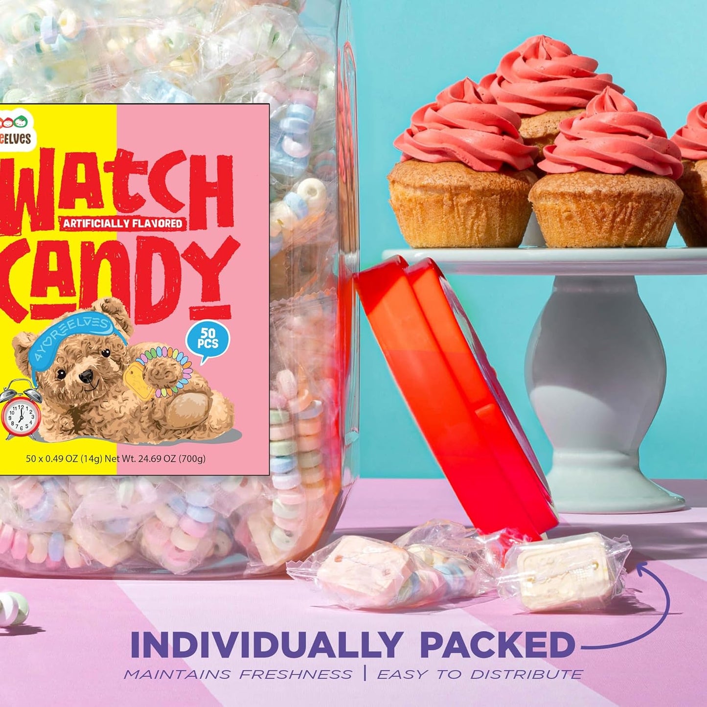 50 Candy Bracelet Watches Individually Wrapped, Taste Nostalgia with Our Playful and Delicious Candy Jewelry, Perfect for Party Favors, Goody Bags and Birthdays, by , Pack of 50 X 0.42Oz